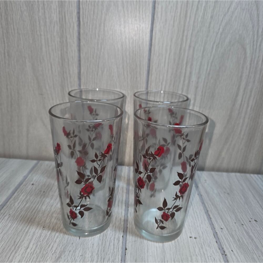 Vtg 70s Anchor Hocking Set Of 4 Climbing Roses Drinking Glasses Rosebuds Barware